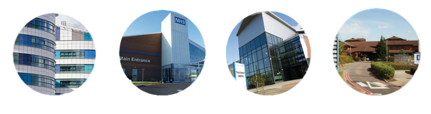 Circular images of four different hospital sites.