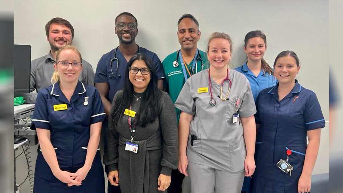 Back row (left to right) 
Daniel Lenton, Senior Data Manager 
Dr Rele Ologunde 
Dr Kunal Chudasama 
Asha Clement, Research Nurse.

On the front row (left to right)  
Heather Willis, Research Nurse 
Dr Sarafina Vatharkar, PI and Clinical Service Lead for ED 
Aimee Wright, ACP 
Abi Roberts, Research Nurse