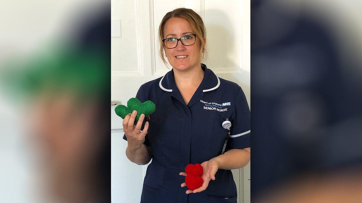 Alyson John, Bereavement Clinical Nurse Specialist, with knitted hearts for bereaved families