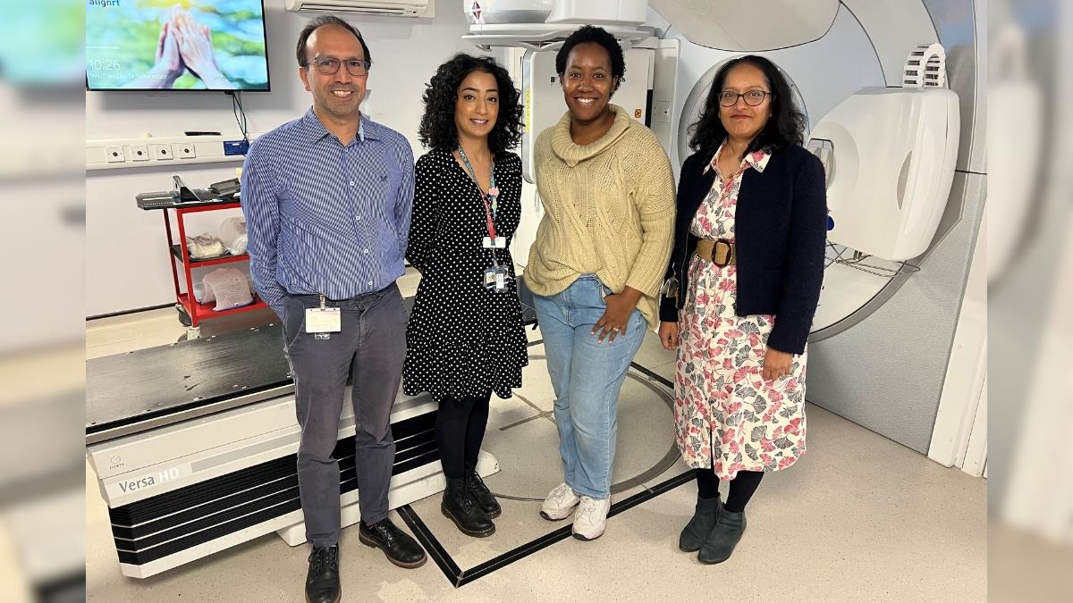 From left to right: Mark Ramtohul, Medical Physics, Clinical Scientist, Sofia Parveen, Senior Clinical Dosimetrist, Chantel Chantiluke, patient and Anjali Zarkar, Consultant Clinical Oncologist.