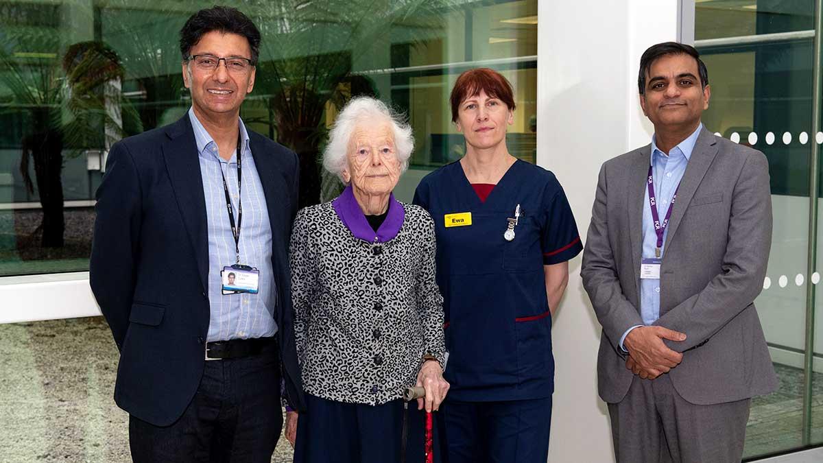 Ruth Shire, who has had a new heart valve fitted at the age of 101, pictured with Dr Sagar Doshi (left), Ewa Lawton and Dr Adnan Nadir (right).