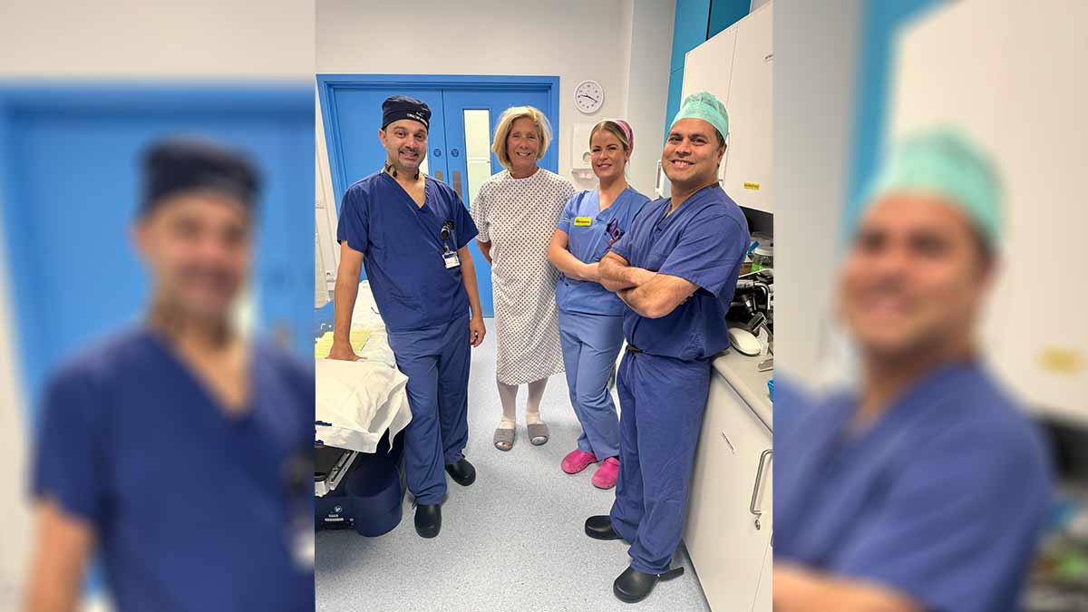 Left to right: Ajit Bhat,Consultant Anaesthetist, Judith Toney, patient from Shirley, Solihull, Rhianne Lilley, Theatre Practitioner, and Amit Kotecha, Trauma and Orthopaedic Consultant Surgeon