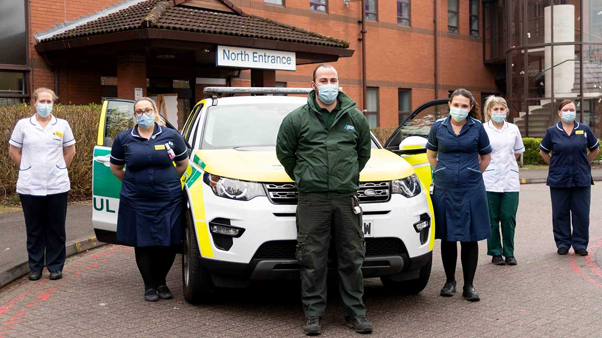Left to right: Helen Thomas, Rachael Dyke, K Brown, Lucy Wood, Hannah Thomson and Emma Eldridge outside Solihull Hospital with the new rapid response vehicle.